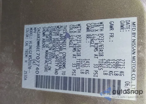 2014 Nissan Pathfinder Platinum/S/Sl/Sv z USA, uszkodzony, nr VIN 5N1AR2MM6EC707740